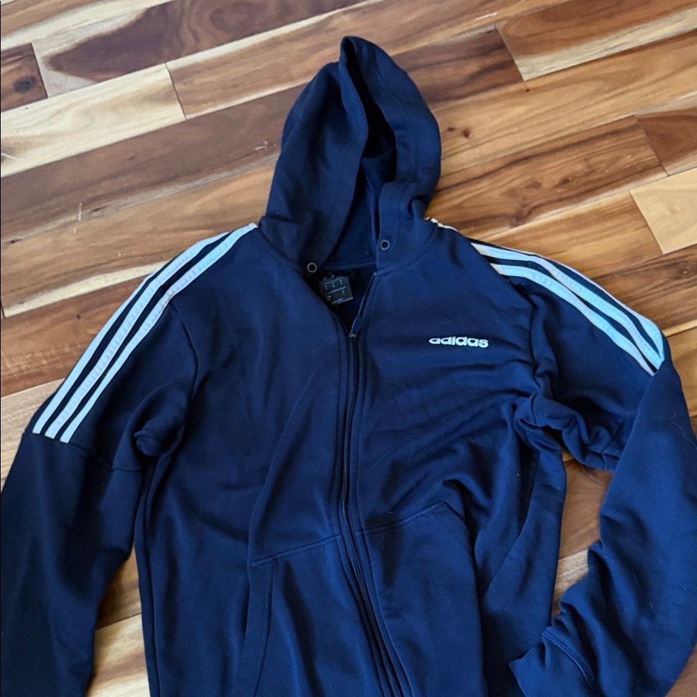adidas Navy Hooded Windbreaker with white  Stripe Accents